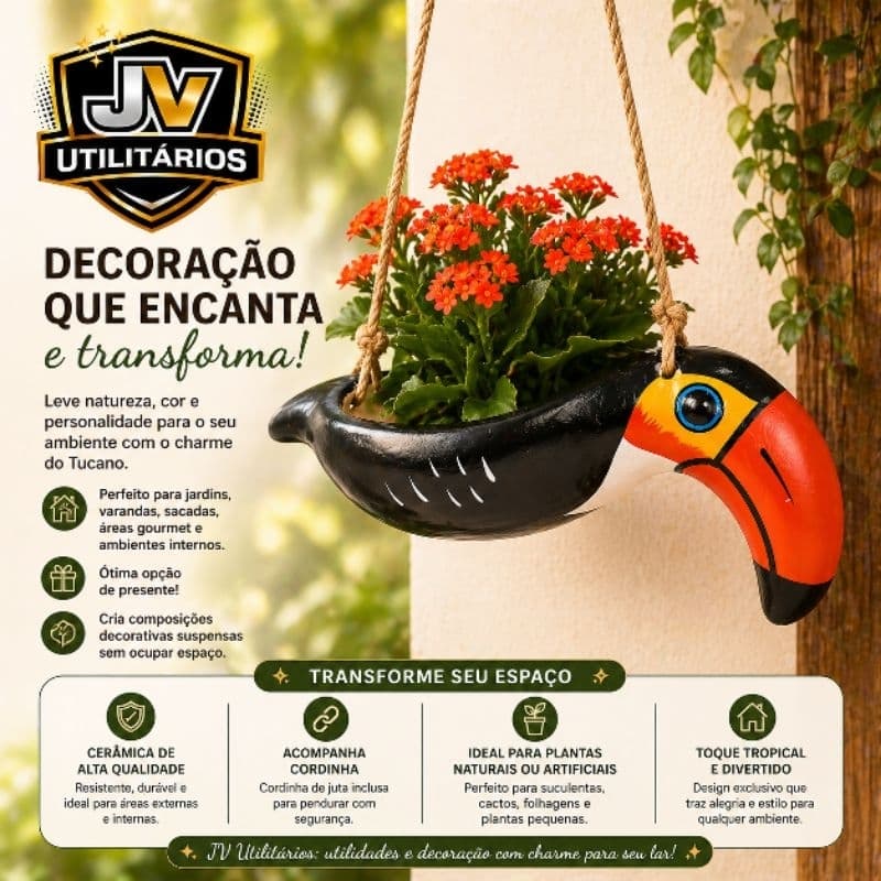 Cachepô decorativo suspenso em cerâmica com forma de tucano para jardim