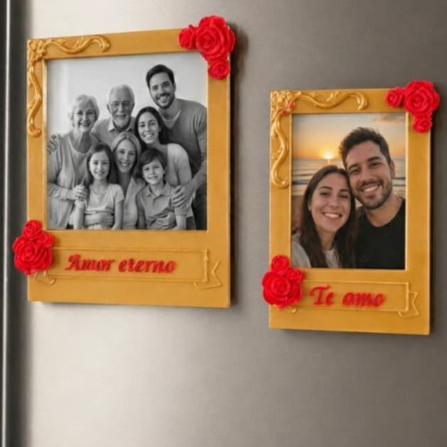 Porta-retratos magnéticos dourados com flores vermelhas para geladeira com frases 'Amor eterno' e 'Te amo'.