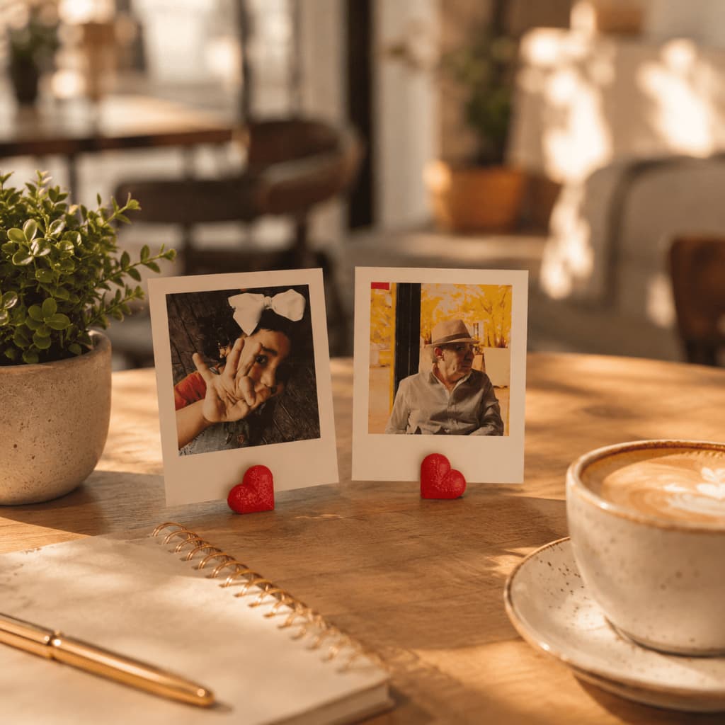 Porta retratos corações minimalistas em mesa de madeira com xícara de café e caderno