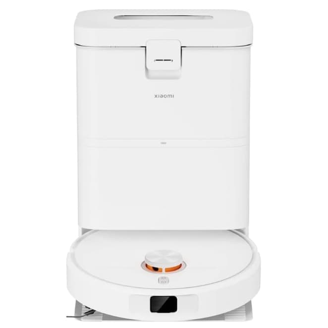 Robô aspirador Xiaomi branco com base de autoesvaziamento, ângulo frontal