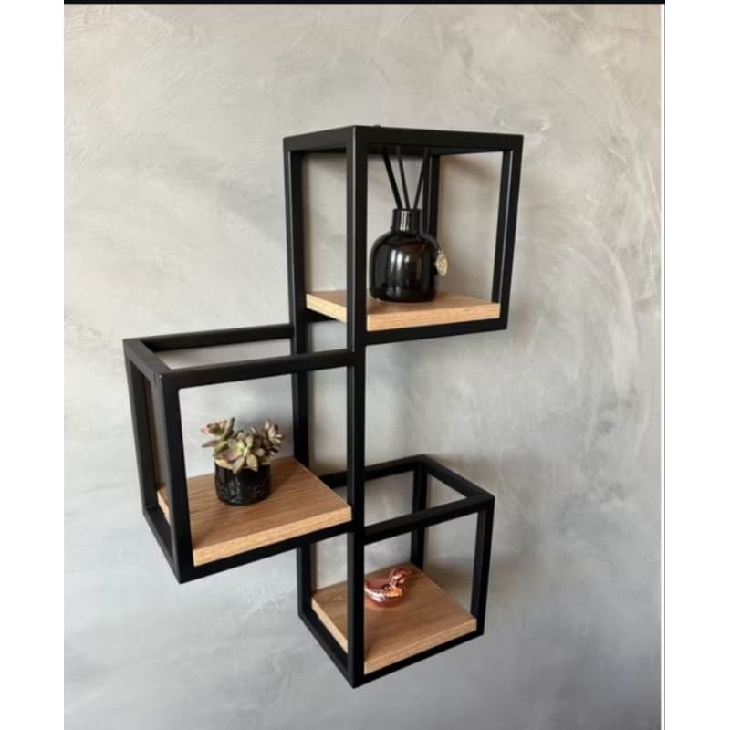 Nicho Prateleira Tripla Estilo Industrial – Ferro e Madeira (3 Cubos)