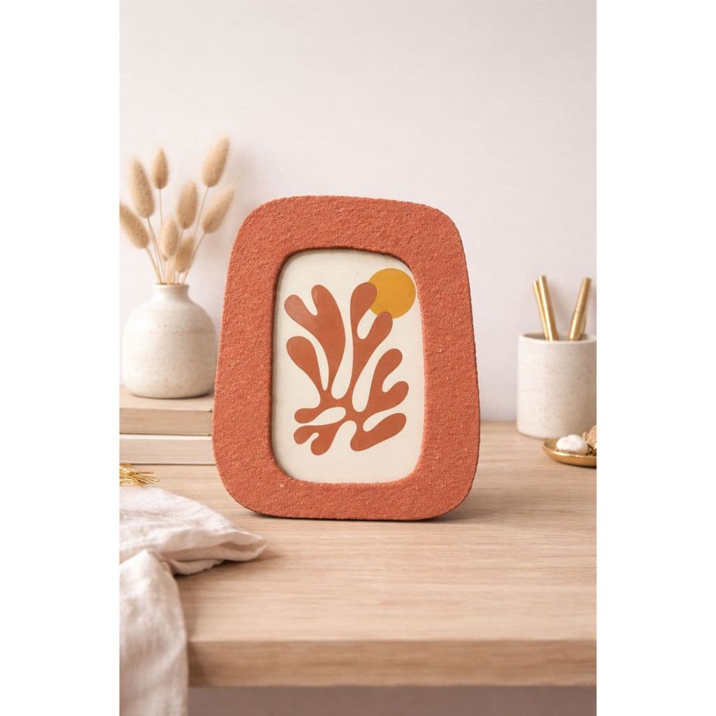 Porta retrato orgânico terracota com moldura texturizada, decoração minimalista