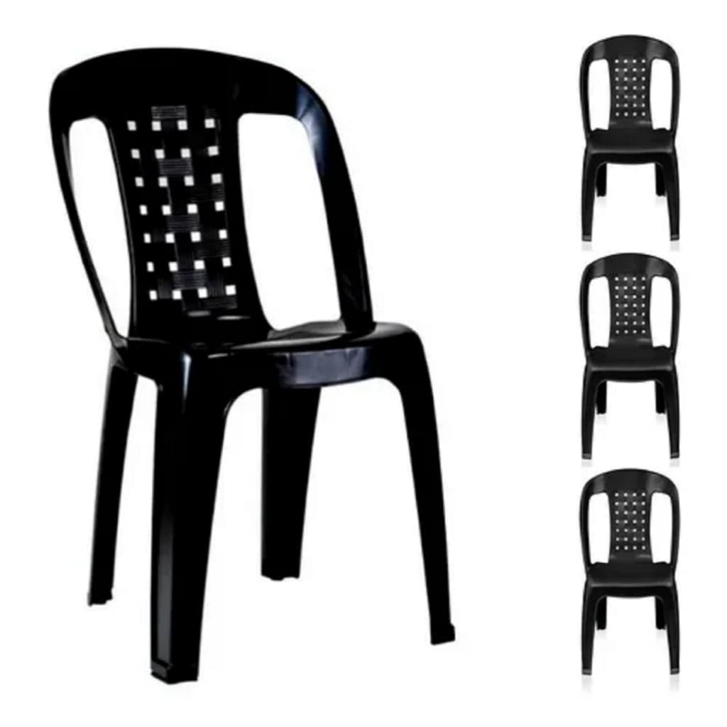 Kit com 4 cadeiras bistrô pretas empilhaveis de plástico reforçado