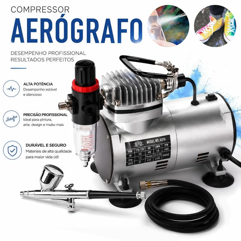 Compressor para aerógrafos com kit de limpeza, alta potência e precisão profissional