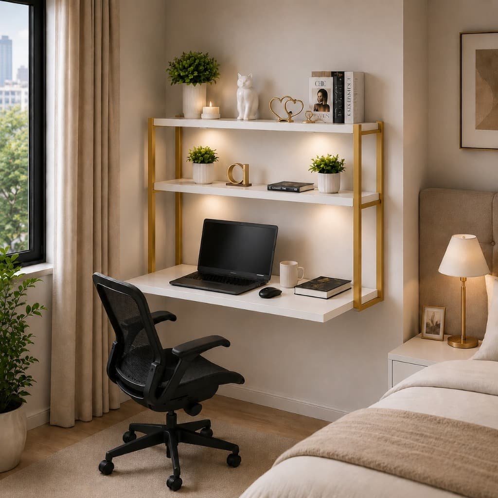 Escrivaninha para quarto com suporte dourado e prateleiras, mesa para computador industrial