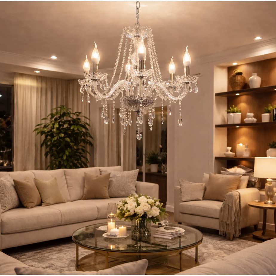 Luminária de cristal transparente luxuosa de seis braços em uma sala de estar elegante