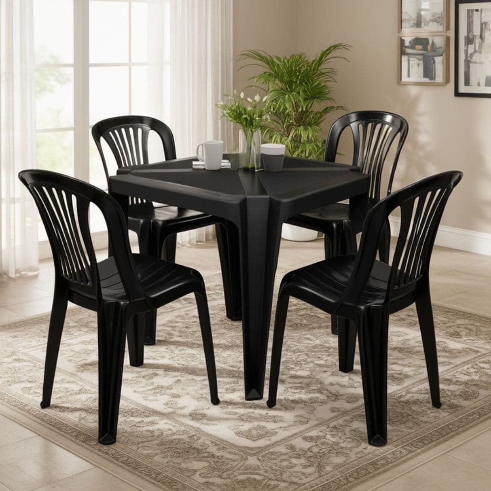 Kit mesa com 4 cadeiras pretas de plástico reforçado para jardim, varanda, área externa, cozinha ou quintal.
