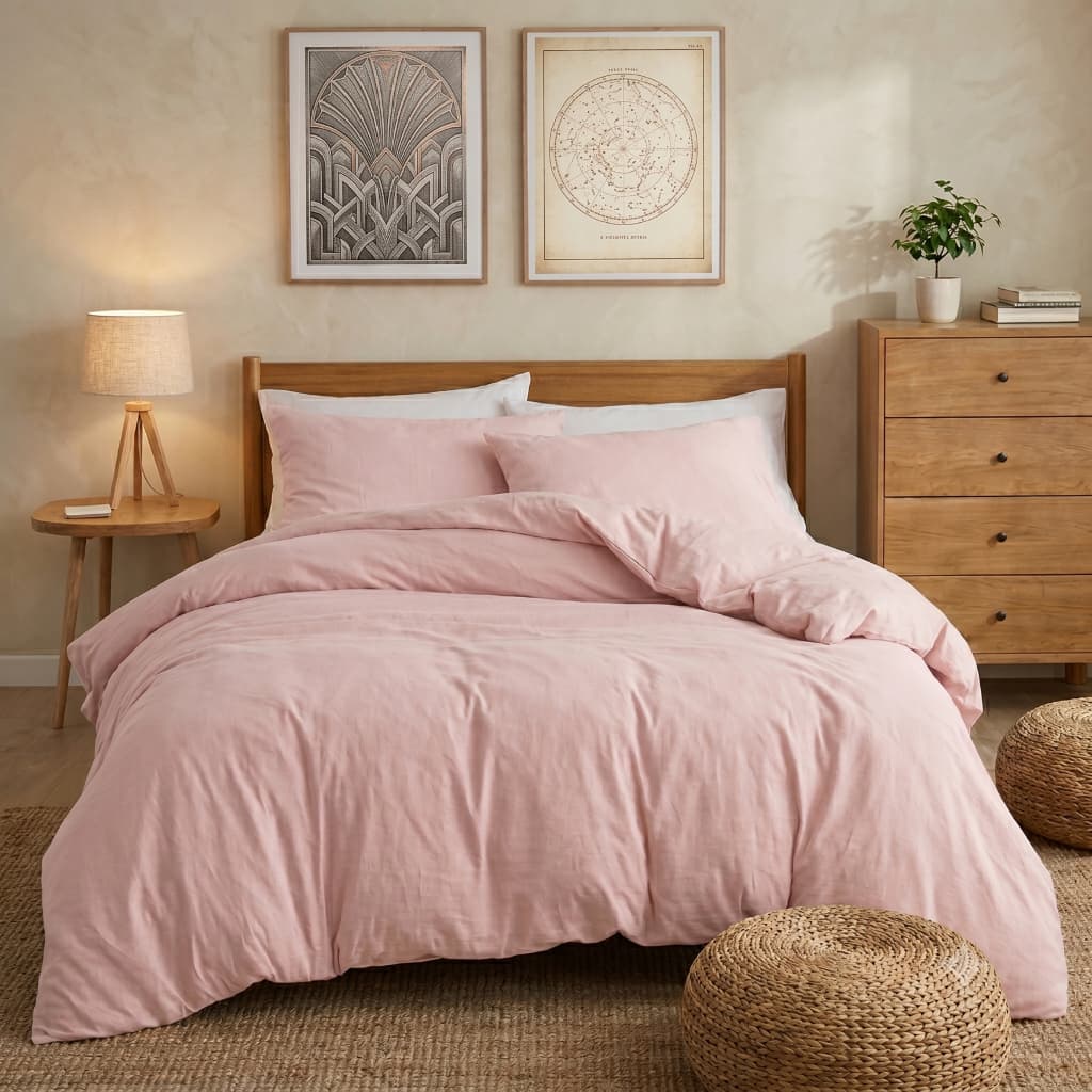 Edredom rosa pálido em um quarto minimalista com decoração simples