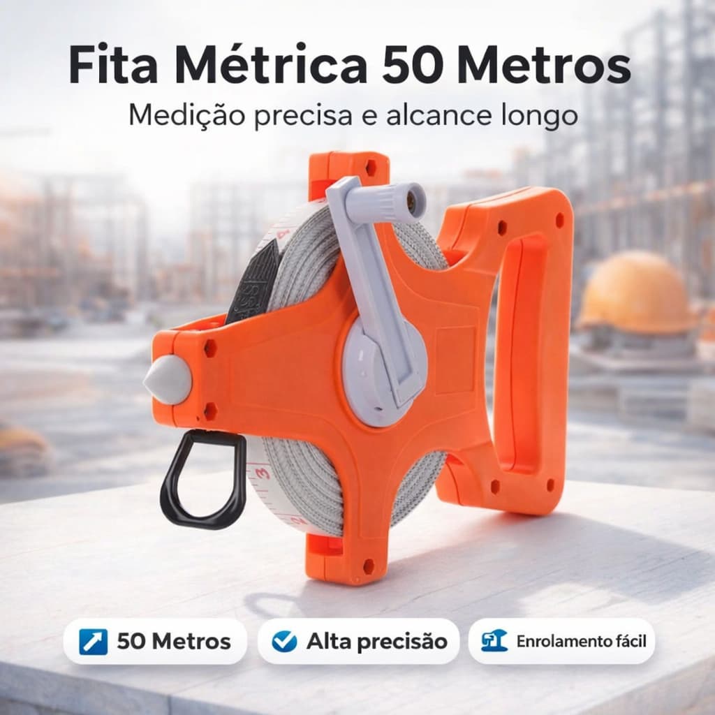 Fita métrica de 50 metros profissional fibra de vidro com manivela resistente