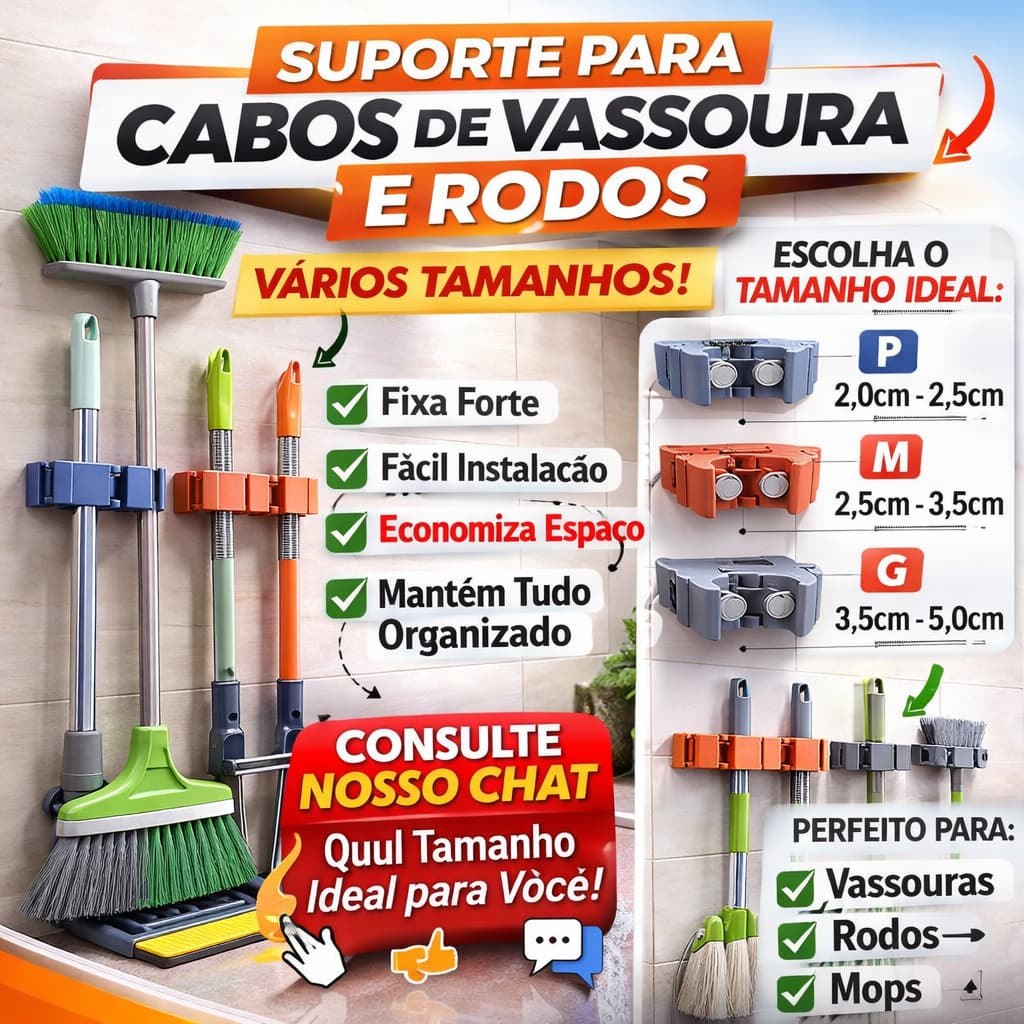 Suporte para vassouras e rodos com várias opções de tamanhos, fácil instalação e economia de espaço