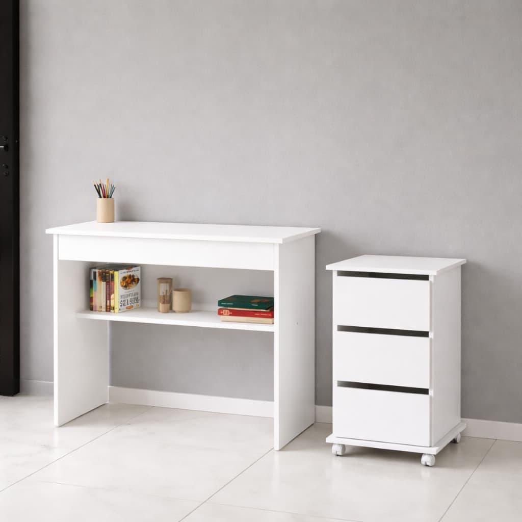 Conjunto Escrivaninha Home Office Com Gaveta + Carrinho Gaveteiro 3 Gavetas Funcional