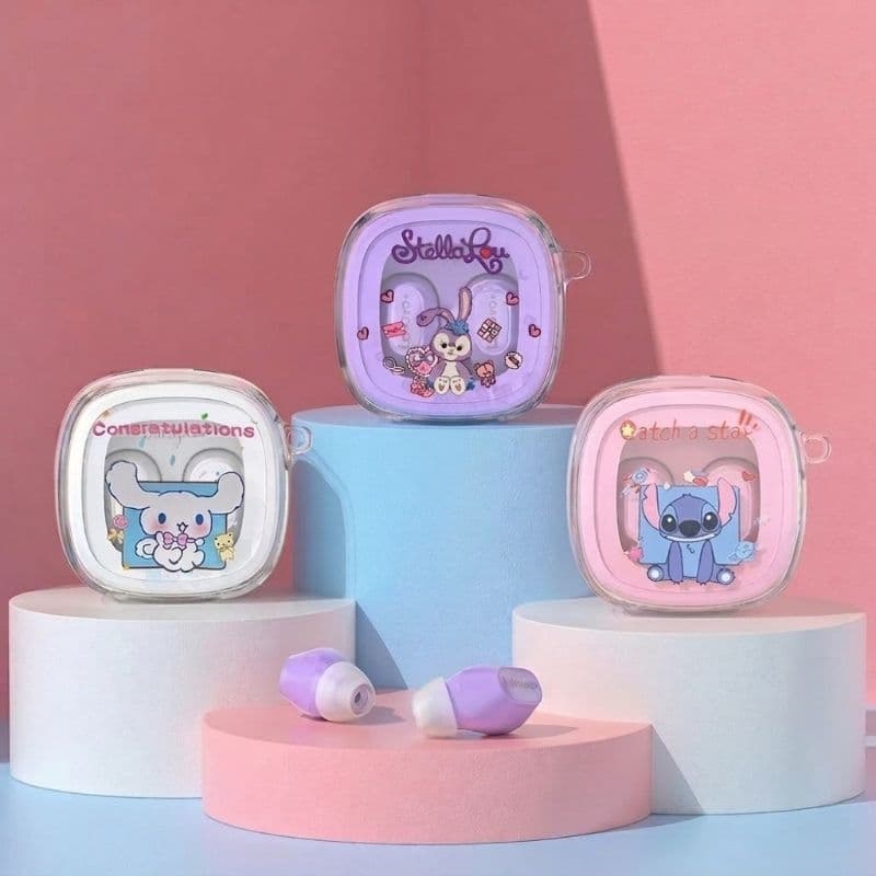 Capas de fone de ouvido transparentes com desenhos animados, fundo rosa e azul