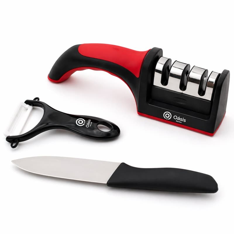 Kit Afiador de Facas + Faca + Descascador 3 em 1 Profissional