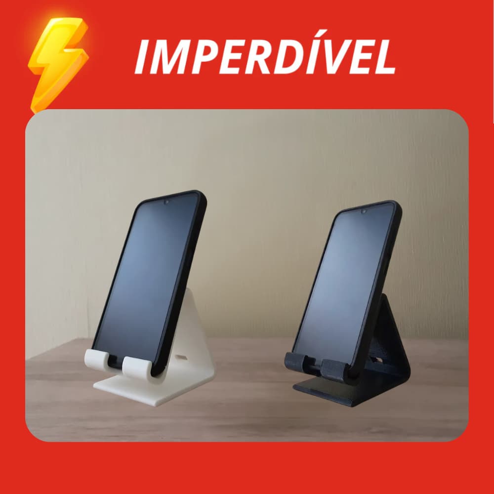 Suporte para celular branco e preto com abertura para carregador, ideal para mesa, escritório e home office