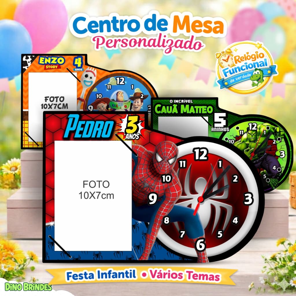 Centro de mesa personalizado com relógio Homem Aranha funcional para festa infantil
