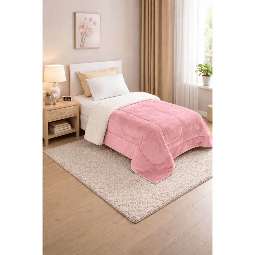 Edredom solteiro rosa claro sherpa Dulpa Face
