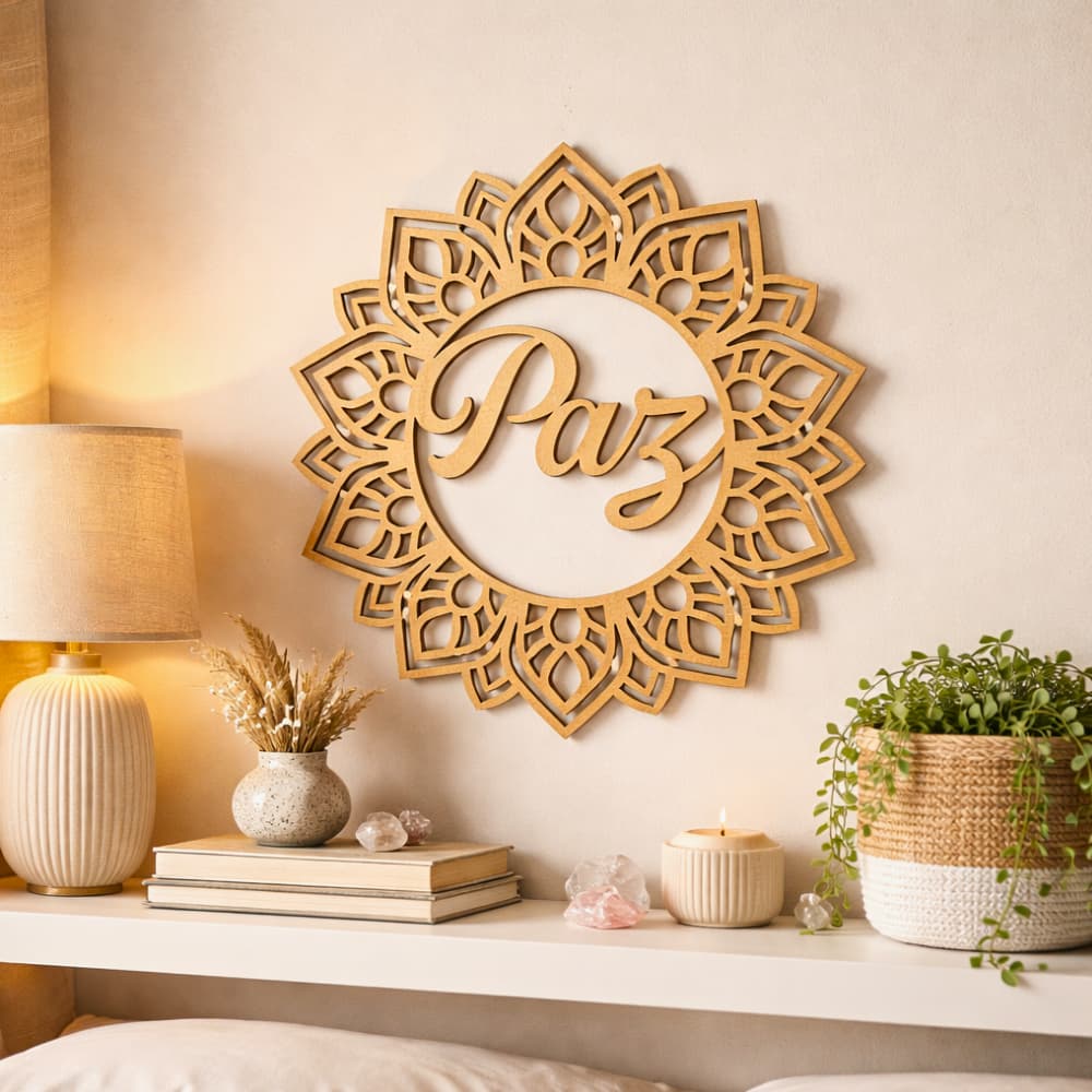 Mandala decorativa em MDF com a palavra Paz em relevo, decoração zen para sala.