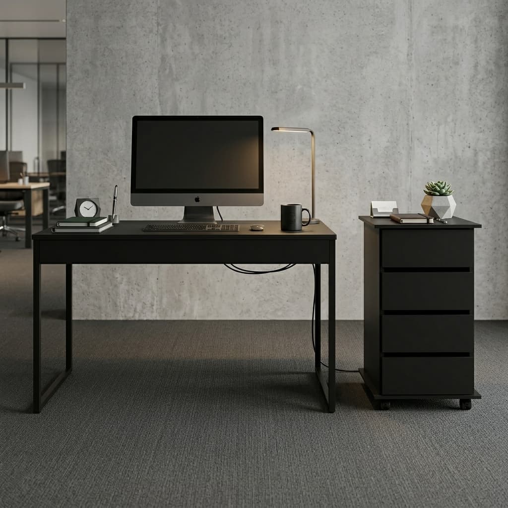 Conjunto Mesa Escrivaninha Industrial para Estudo e Trabalho  + Gaveteiro com 4 Gavetas Funcionais e Rodízios