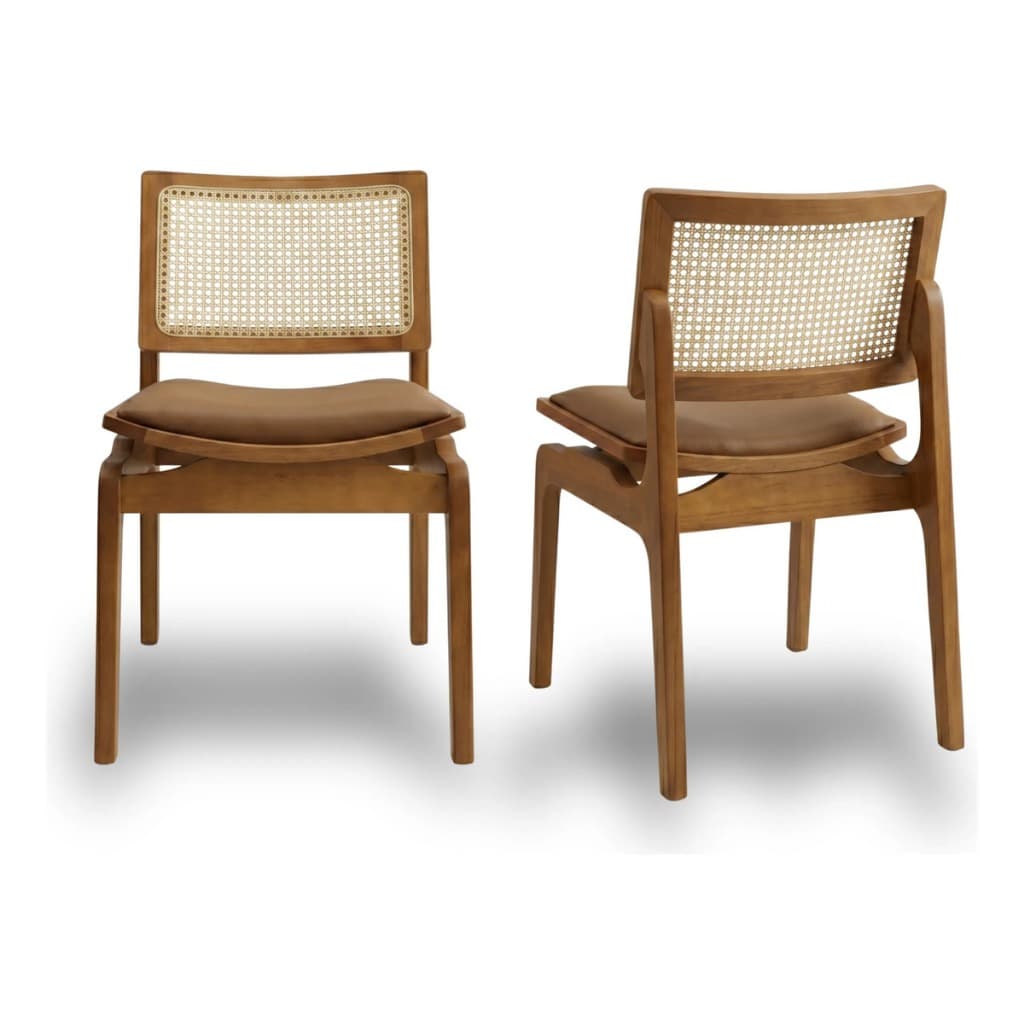 Kit c/ 2 Cadeiras Para Sala De Jantar 100% Madeira Maciça Couro Encosto Rattan
