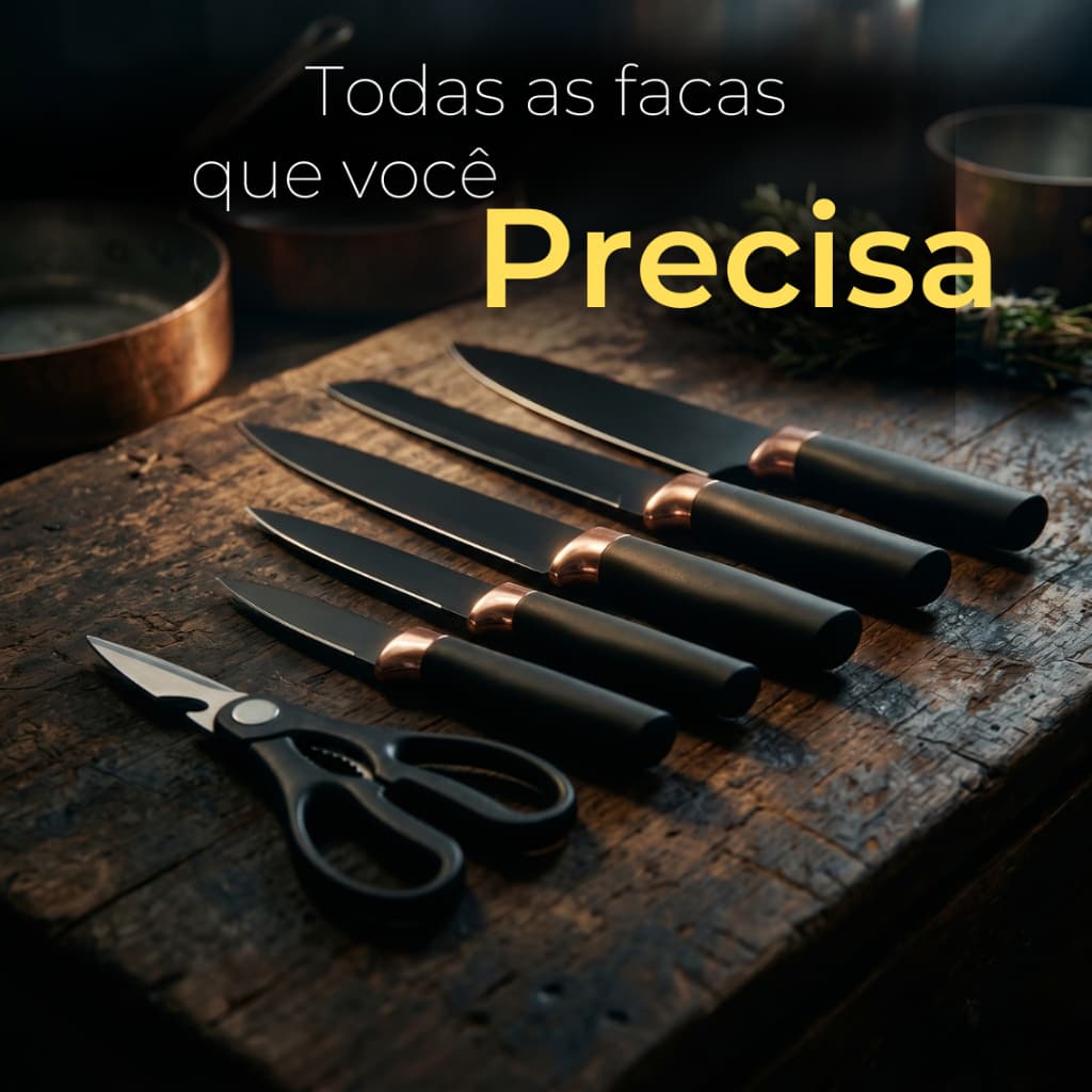 Conjunto de facas de cozinha com cabos pretos e lâminas detalhadas em cobre