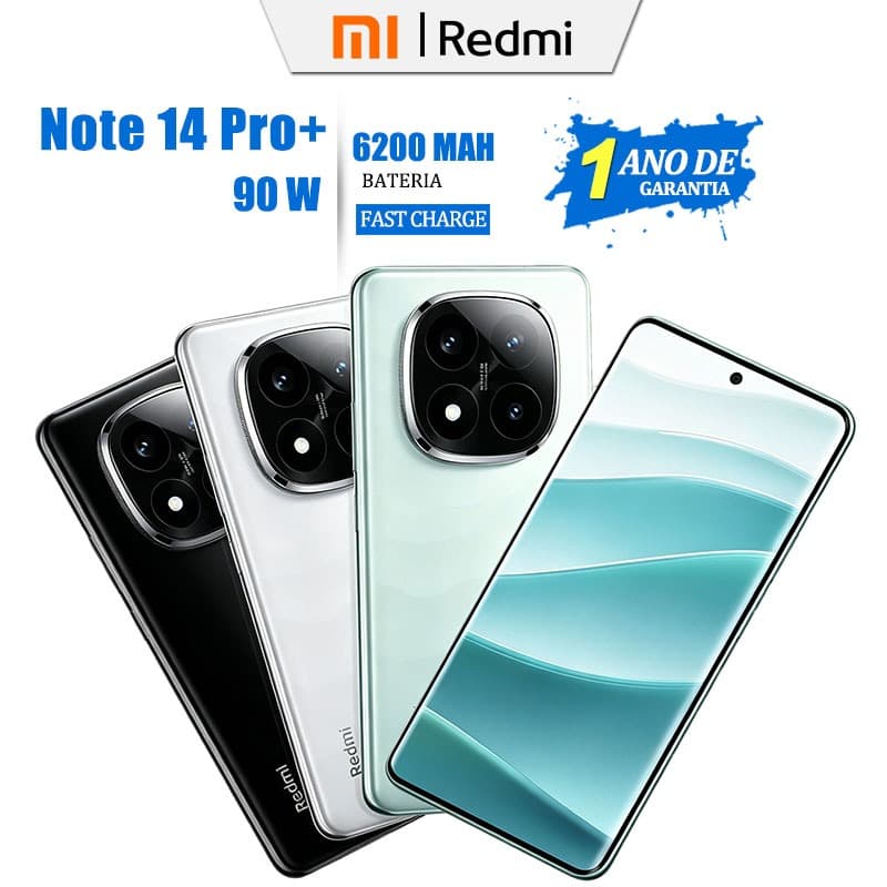 Smartphone Xiaomi Redmi Note 14 Pro+ 5G em preto, branco e ciano com câmera quadrupla e bateria de 6200 mAh