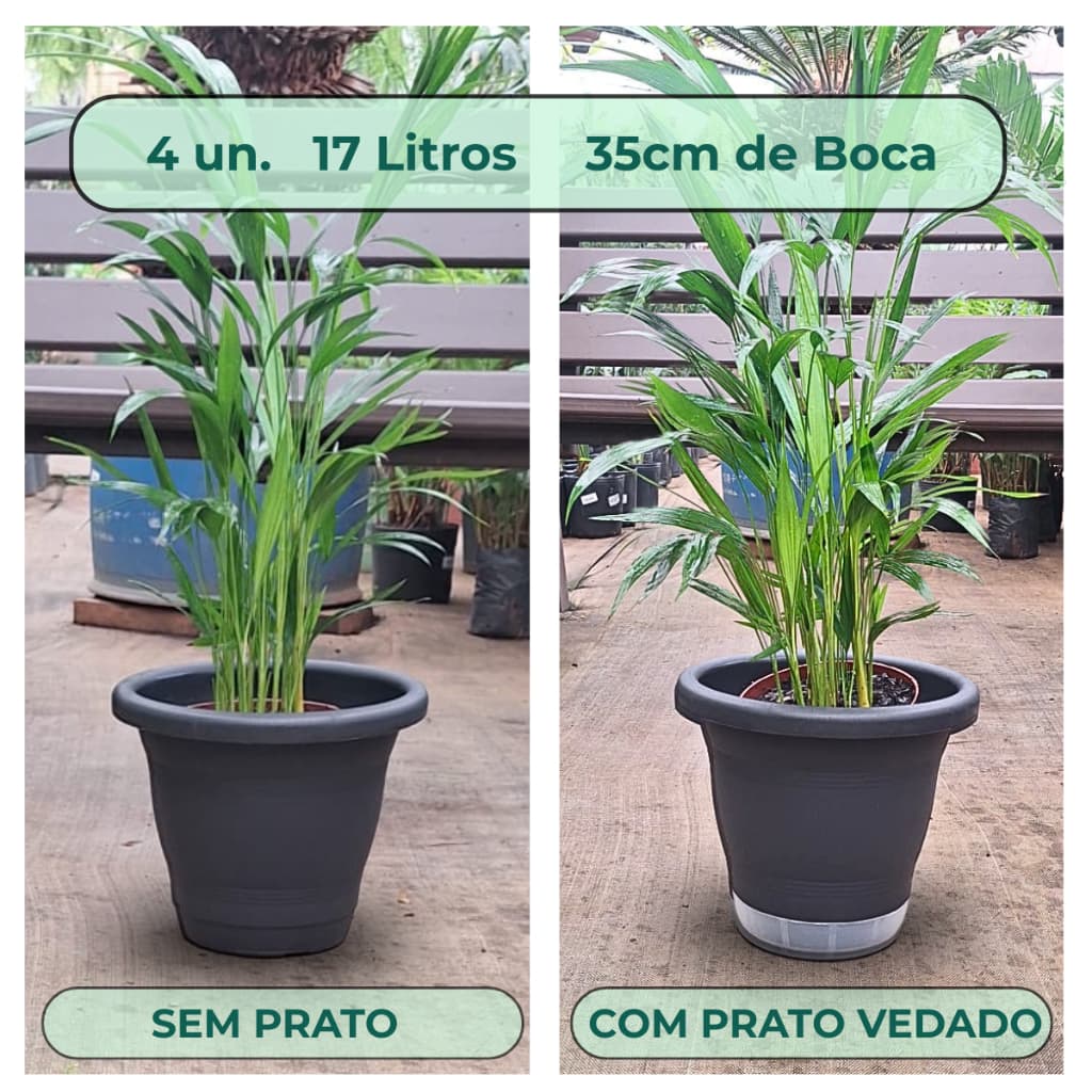 Vaso redondo 17L 35cm com e sem prato vedado, cinza, com plantas verdes.