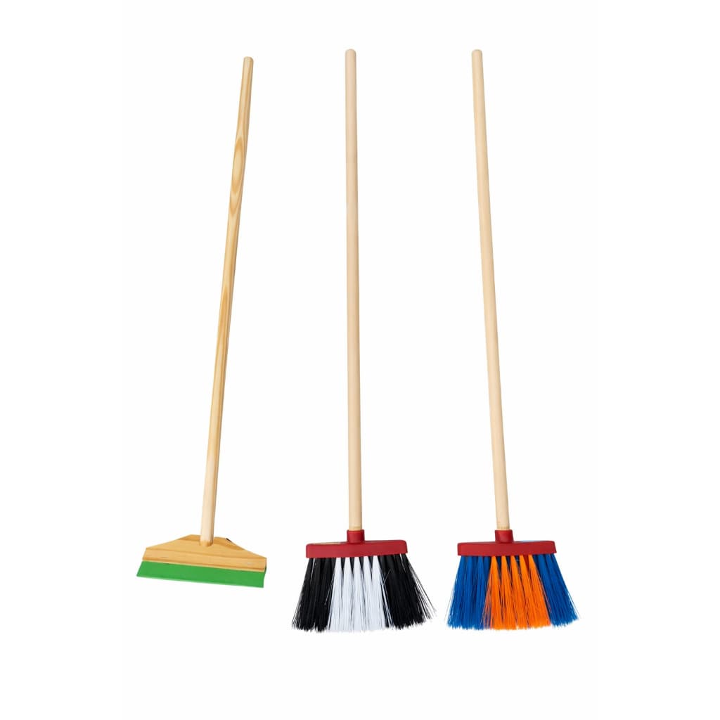 Kit de limpeza infantil com duas vassouras e um rodo de madeira colorido