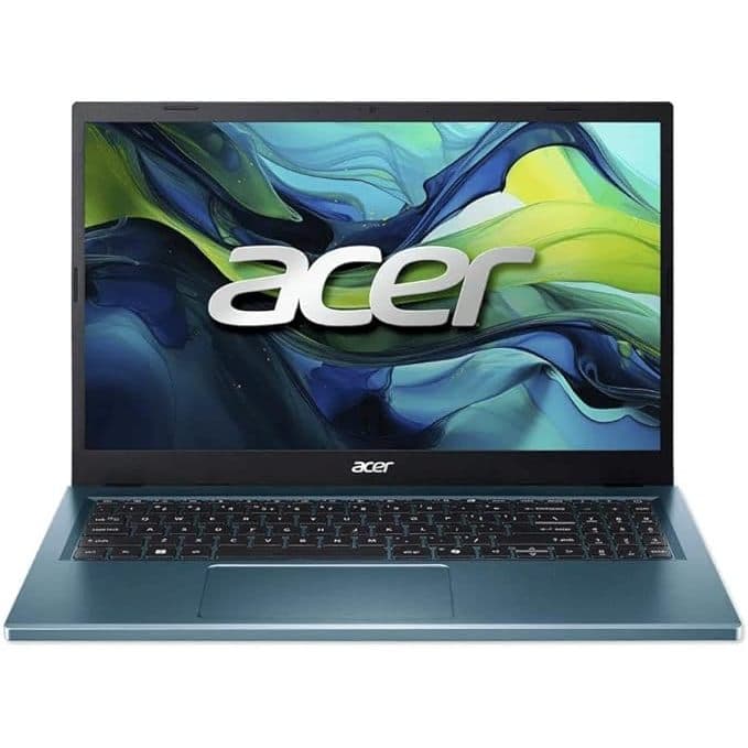 Notebook Acer Aspire GO 15 aberto com tela colorida e teclado preto