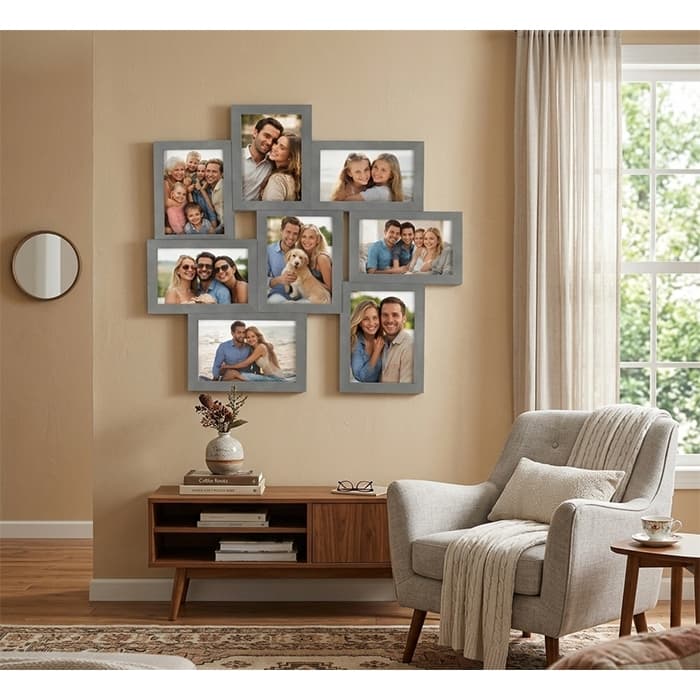 Porta-retratos de parede múltiplo com sete fotos de tamanho 10x15cm em forma de cruz