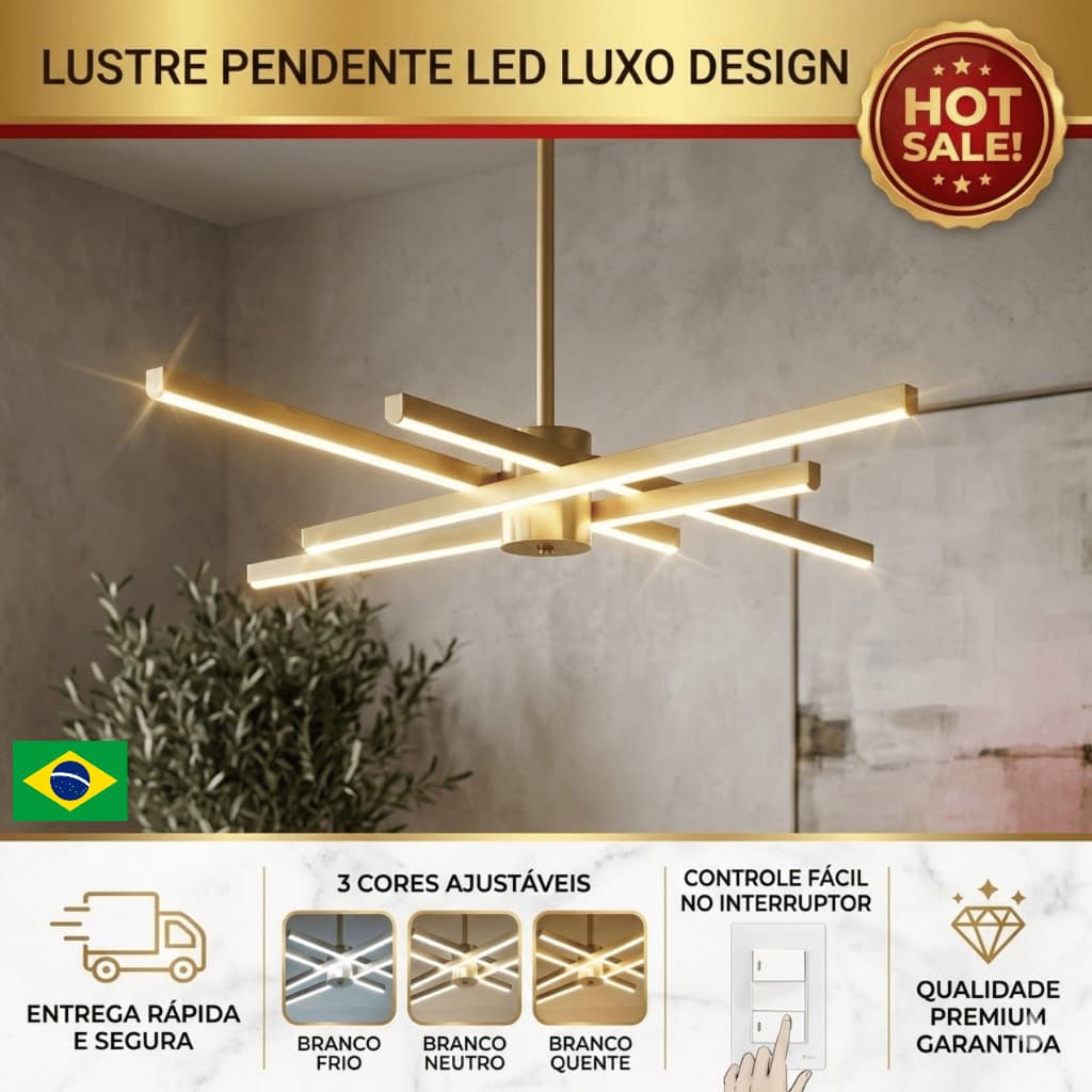 Lustre de Teto Sputnik 4 Hastes Régua XLX LED Dourado Moderno