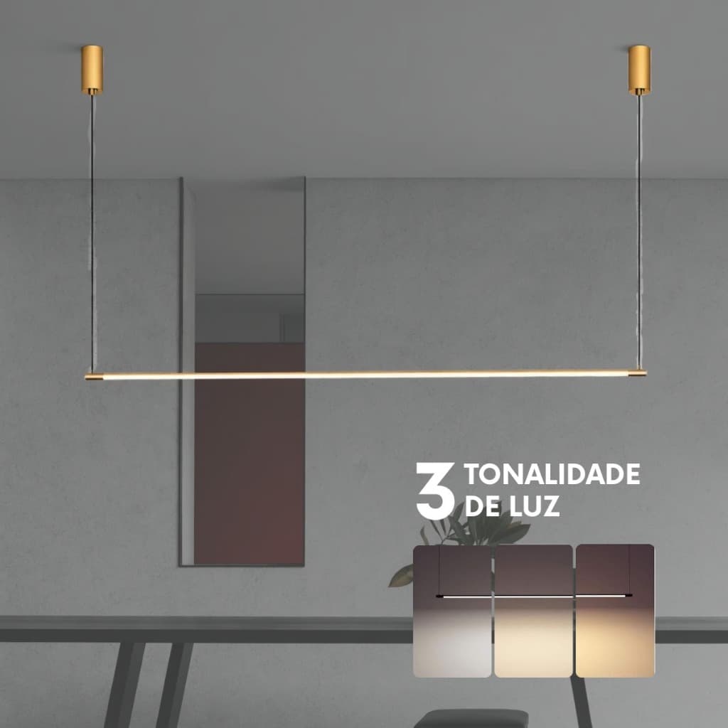 Lustre linear moderno com três tonalidades de luz em dourado