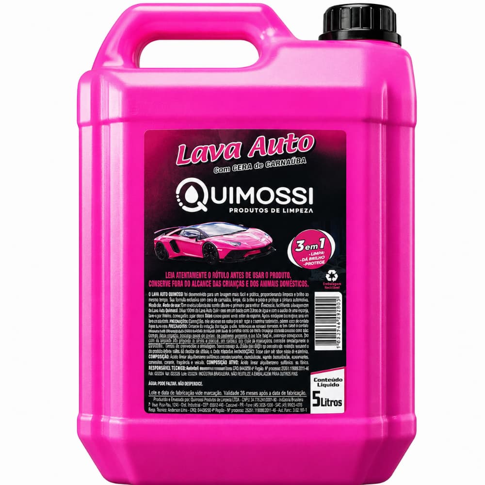Shampoo automotivo com cera de carnaúba 5L, 3 em 1, Lava Auto, frasco rosa, rótulo preto, espuma ativa, brilho, proteção.