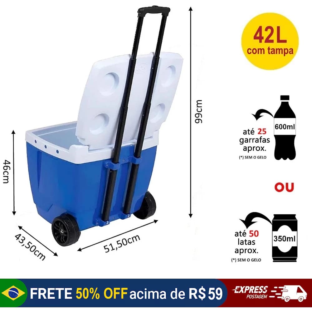 Caixa térmica com rodinhas MOR cooler 42 litros Azul com dimensões e capacidade indicadas