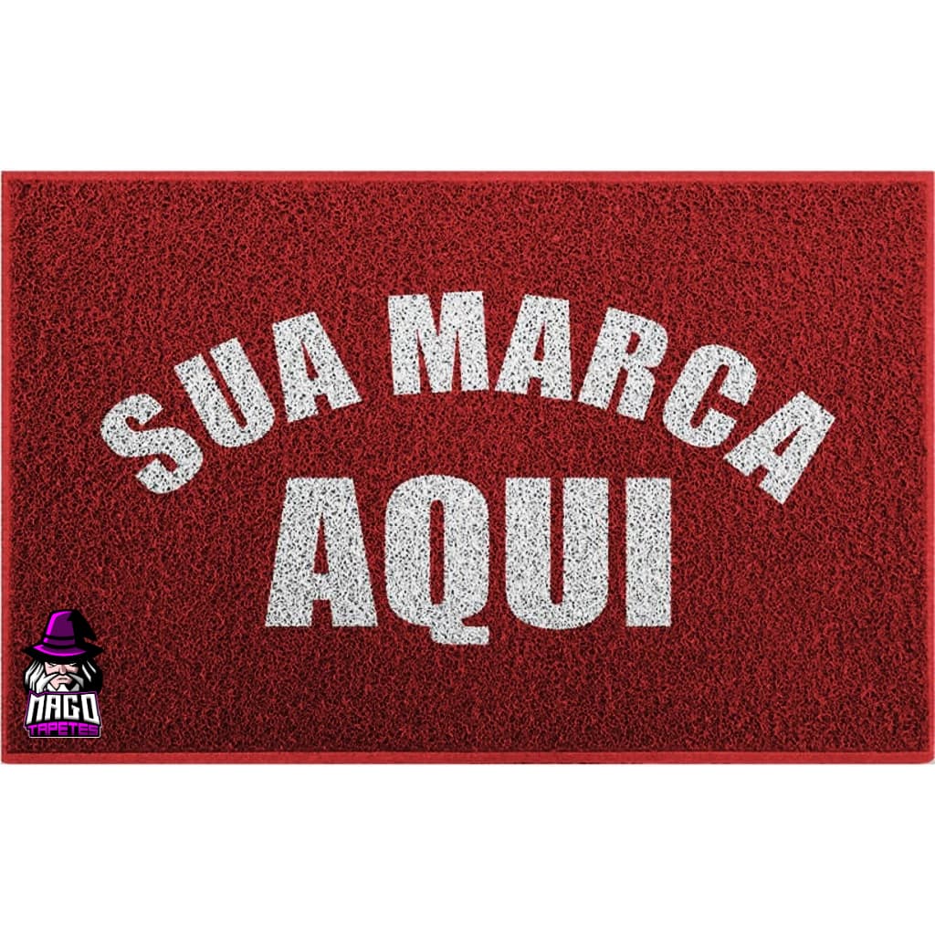 Tapete capacho personalizado com texto 'SUA MARCA AQUI' e logo de personagem