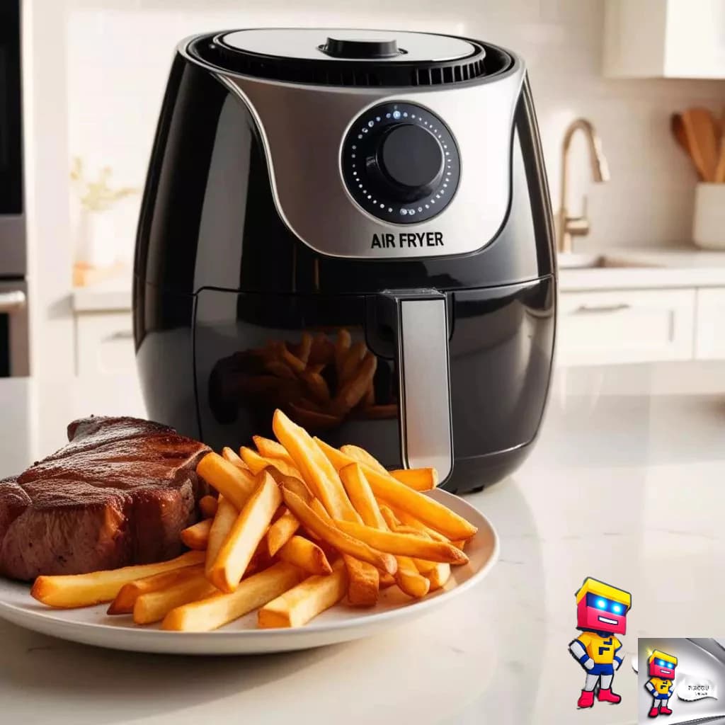 Fritadeira elétrica Air Fryer preta e prata, capacidade 3,8 litros, sem óleo, com batatas fritas e bife