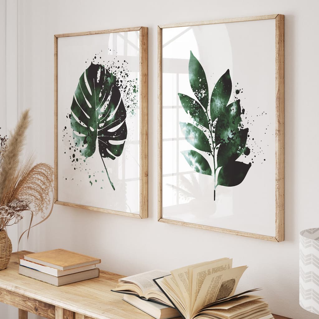 Quadro para Sala Quarto Hall Folha Folhas Botanico Tons de Verde Minimalista Grande Moldura Vidro
