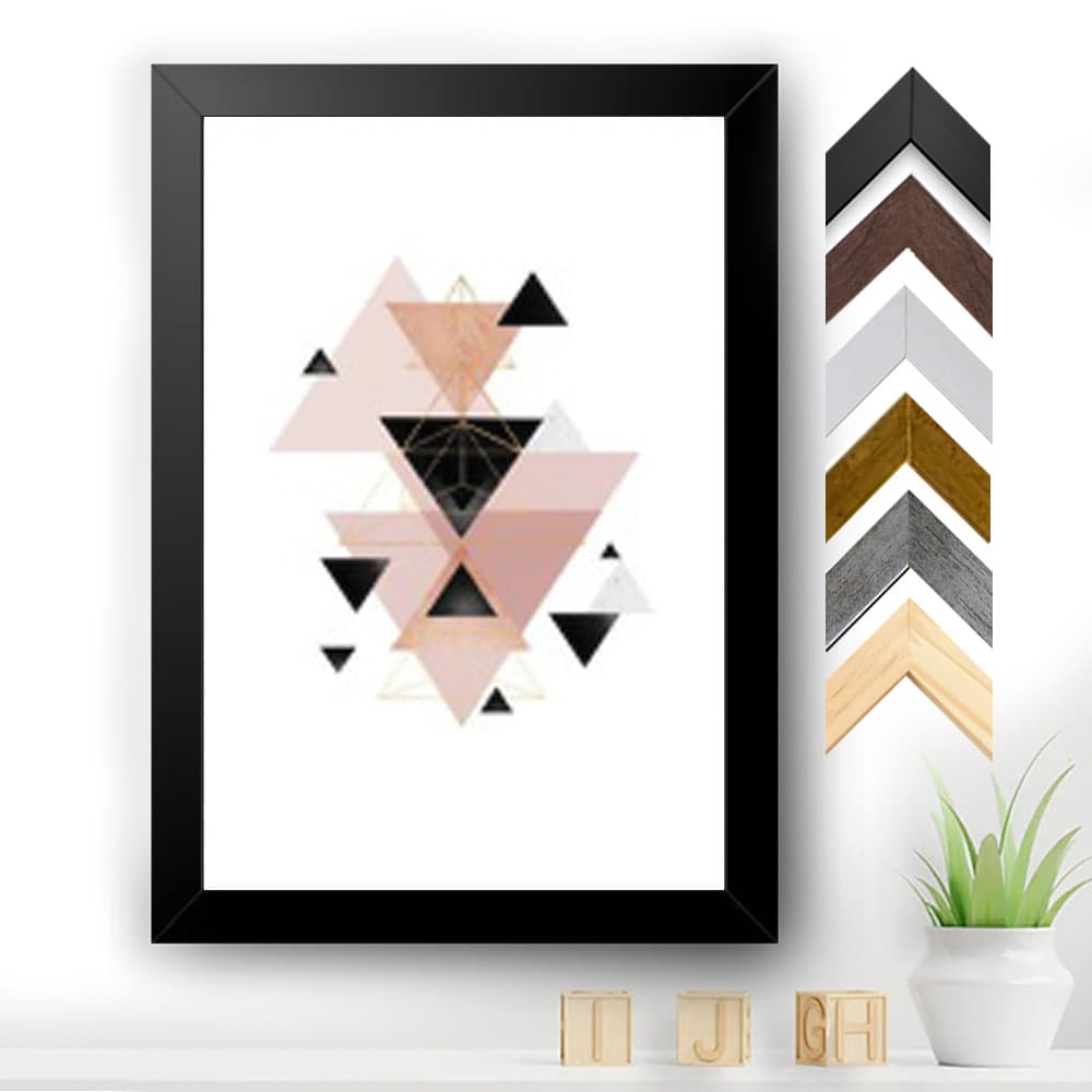 Quadro decorativo abstrato com design geométrico em tons de rosa, preto e dourado, moldura preta, fundo branco, tamanho A3/A4