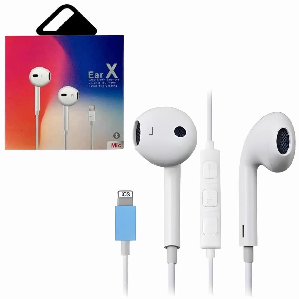 Fone de ouvido com fio branco Ear X compatível com iPhone, com cabo e embalagem