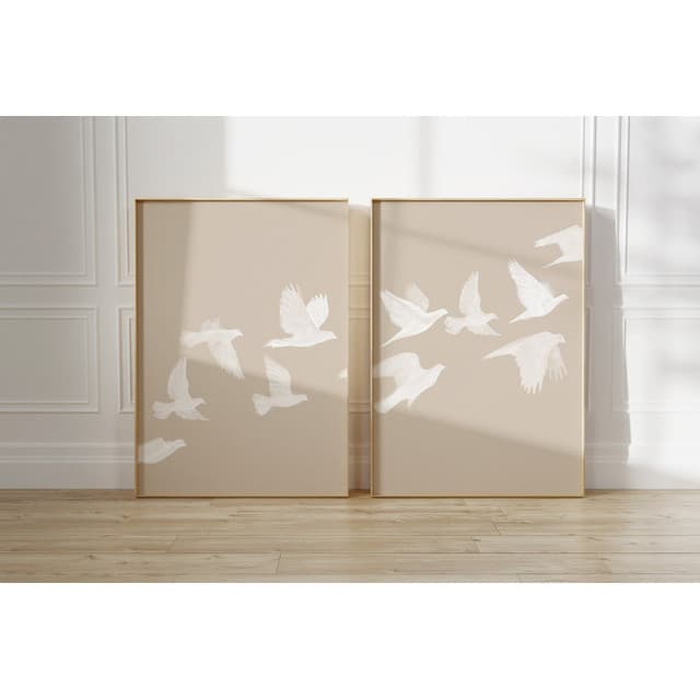 Kit 2 quadros decorativos minimalistas modernos com pássaros brancos em voo