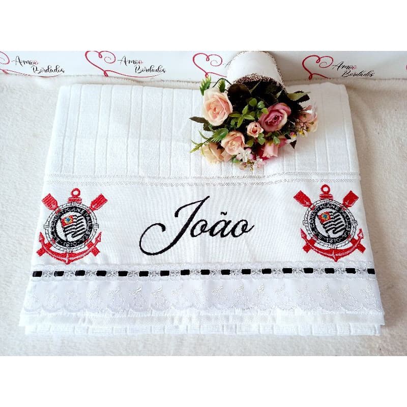 Toalha de banho personalizada Corinthians com nome João e emblemas