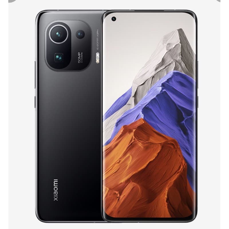Imagem frontal e traseira do smartphone Xiaomi com design de câmera quadrado e logo na parte inferior esquerda