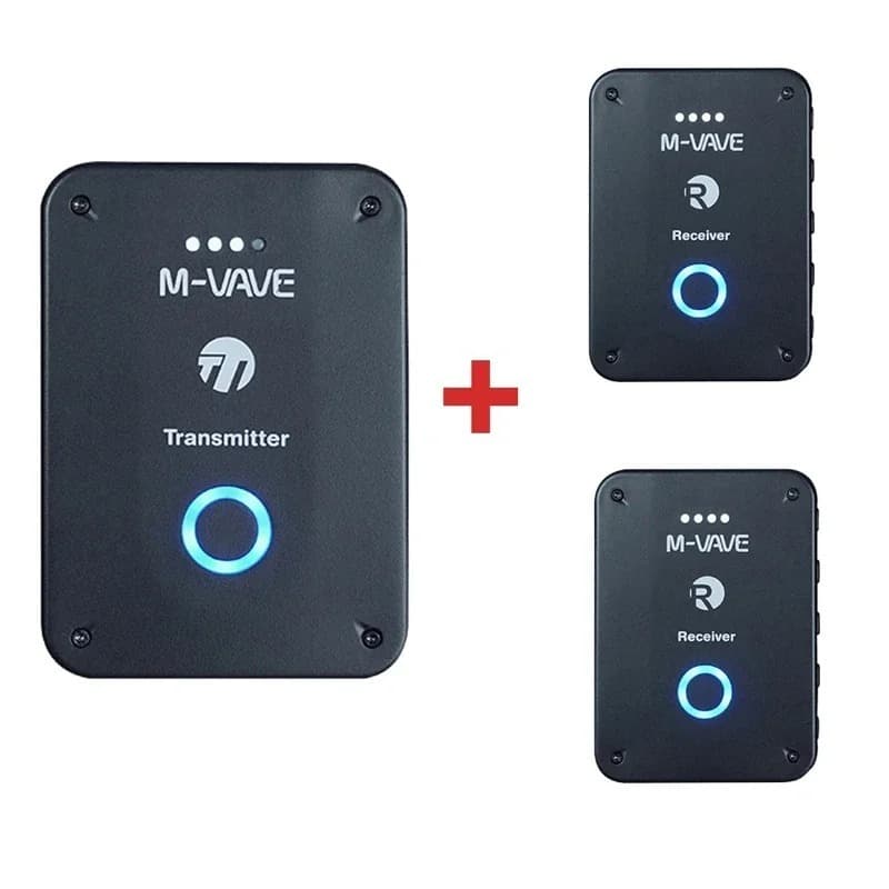 Imagem do transmissor e receptores do fone de ouvido sem fio M-vave WP-9, pretos com botão azul, sobre fundo branco.