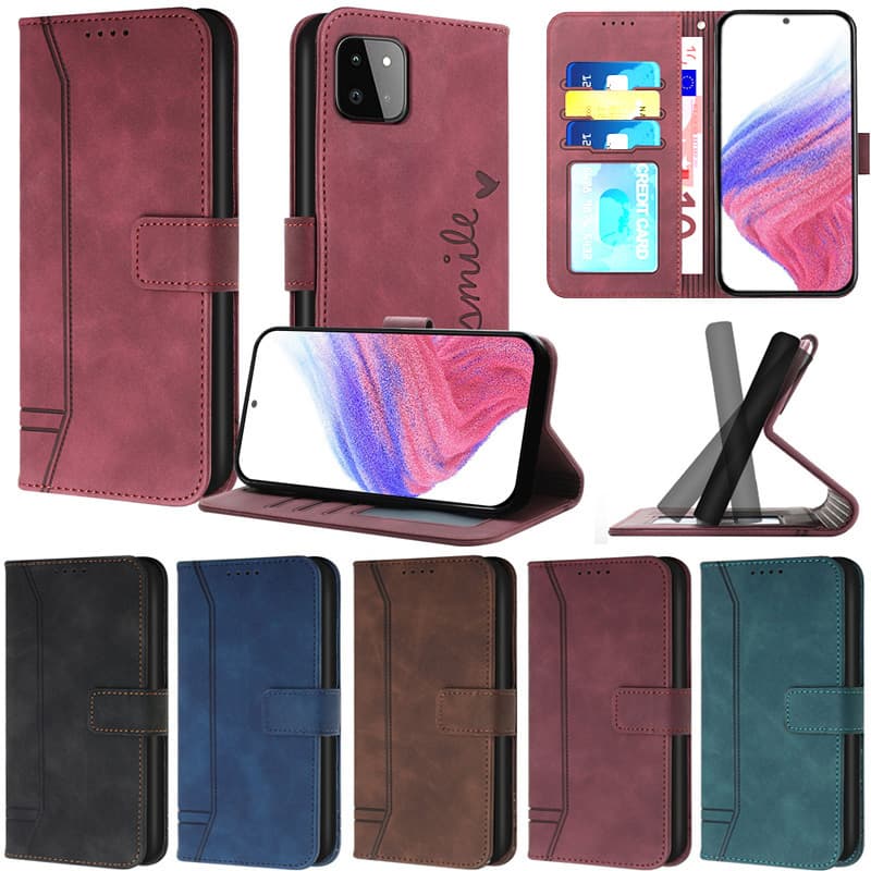 Capas de couro para smartphones em várias cores, com smartphone encaixado, alça e slots para cartões