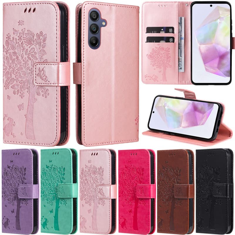 Caixa De Luxo Para Samsung Galaxy M35 5G M55 M54 M53 M52 5G A03 Core C55 F54 5G Retro Cat Tree Carteira Slot Cartão Cour