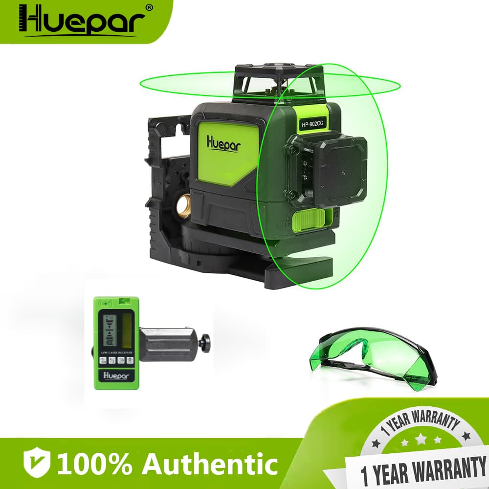 Nível a laser verde Huepar 360 graus com receptor e óculos de proteção, garantia de 1 ano.
