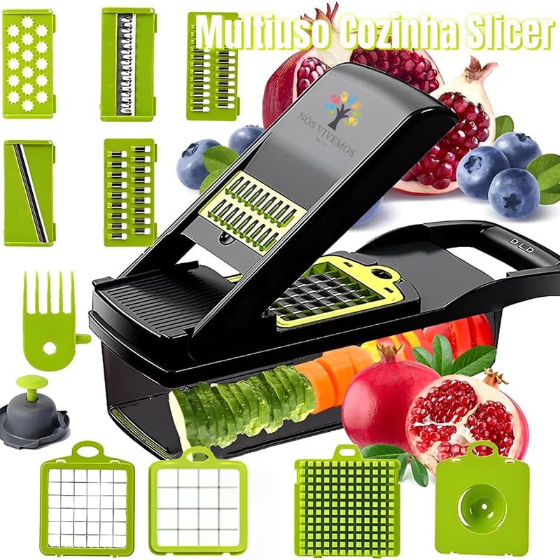 Fatiador de cozinha multifuncional profissional em aço inoxidável 16 em 1 com acessórios e frutas