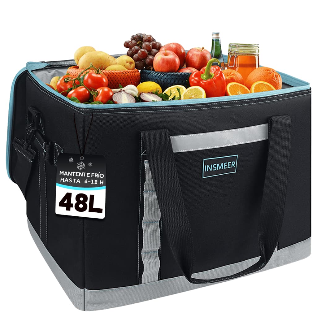 Bolsa térmica grande INSMEER 48L aberta com alimentos, etiquetas e alças