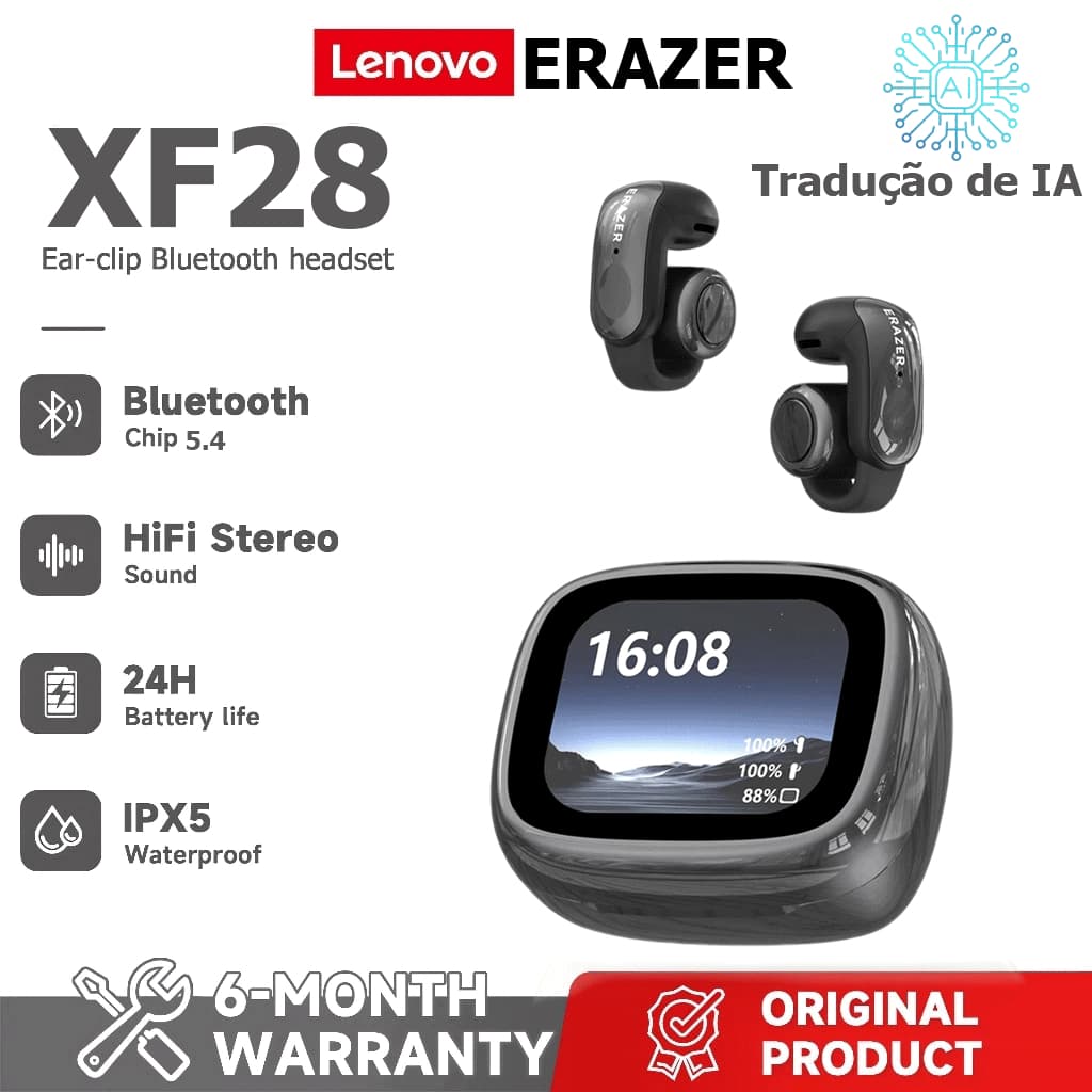 Fone de ouvido Lenovo ERAZER XF28 com Bluetooth 5.4, som estéreo, bateria 24h, IPX5, tradução de IA
