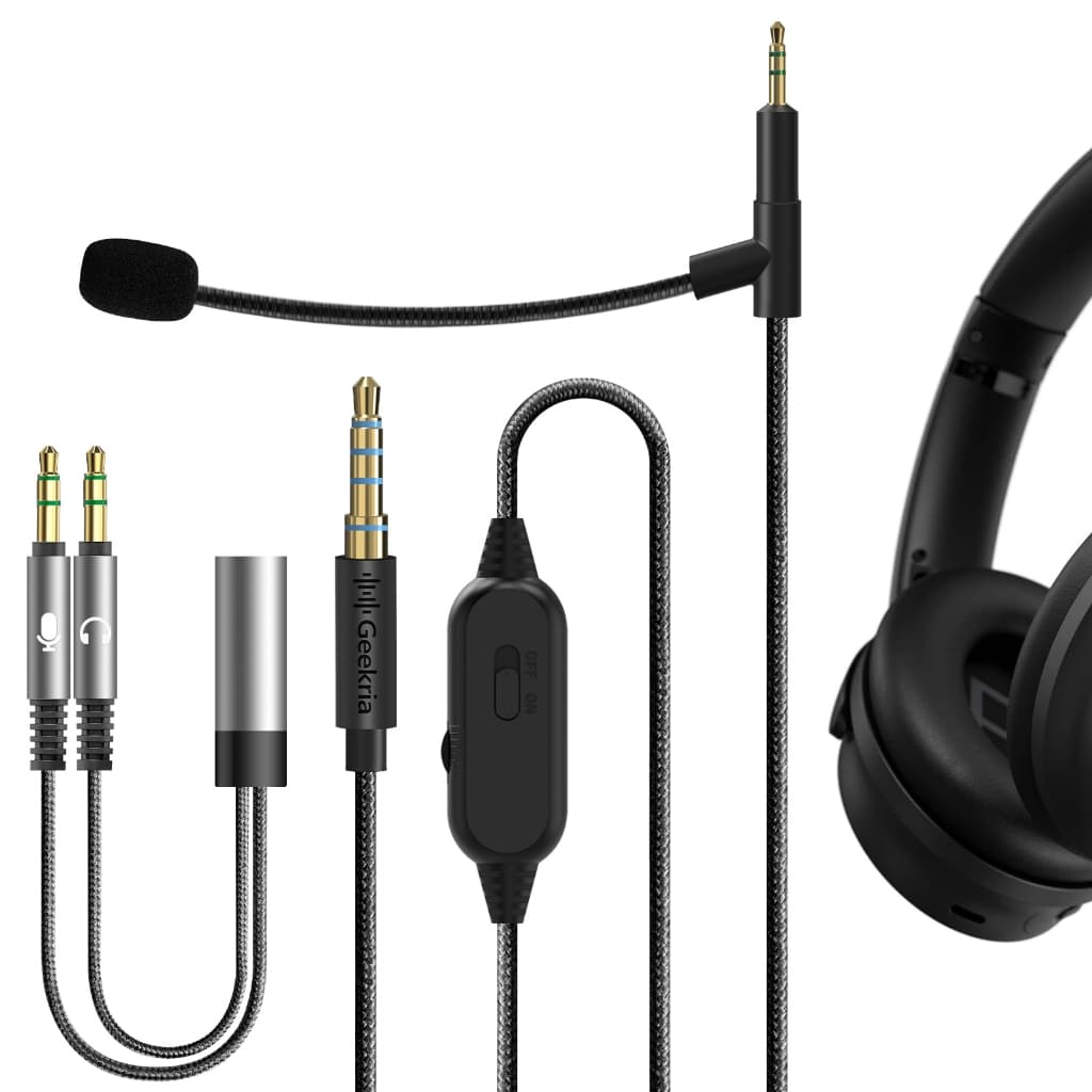 Cabo de fone de ouvido Geekria com microfone boom, conectores de 3,5 mm e 2,5 mm, microfone preto e dourado com detalhes em azul, controle de volume, fundo branco