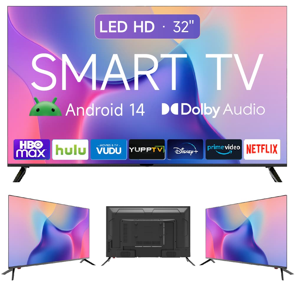 Smart TV 32 polegadas LED HD Wi-Fi com Android 14, Dolby Audio e ícones de aplicativos
